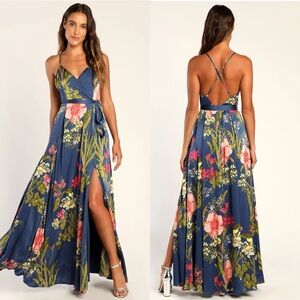 NWT Lulu’s Still the One Blue Floral Print Satin Maxi Dress Extra Large